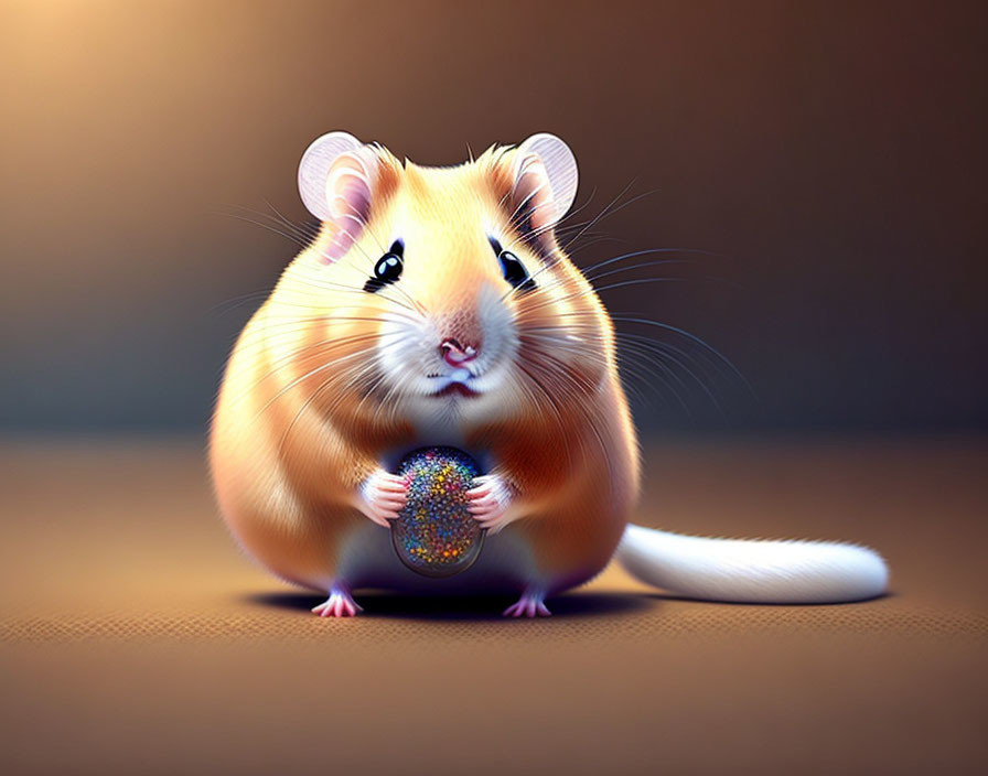 Chubby hamster holding multicolored object on brown background