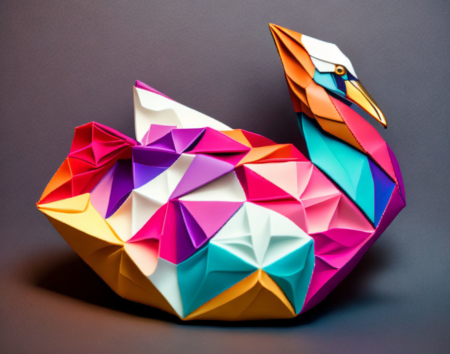 Vibrant origami peacock with intricate folds on dark background