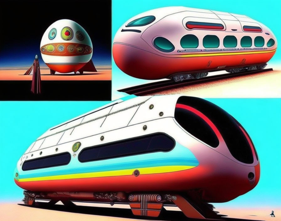 Multicolored futuristic train design on desert-themed background