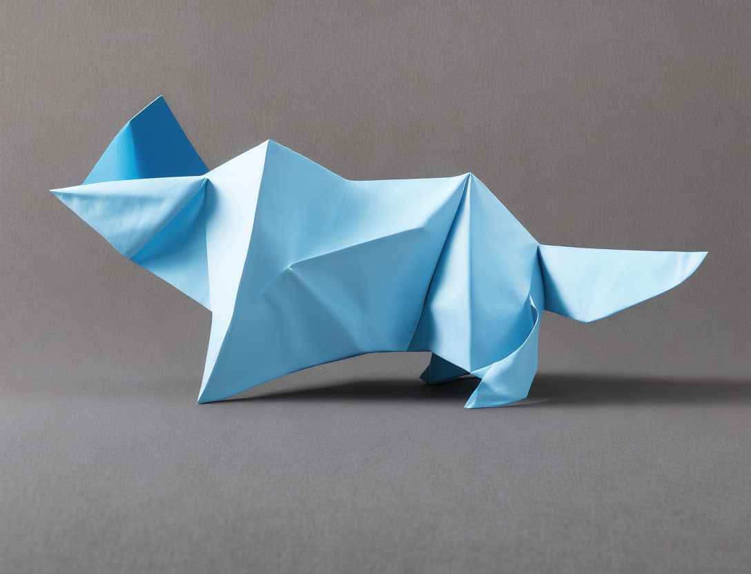 Blue Origami Animal Sculpture on Grey Background