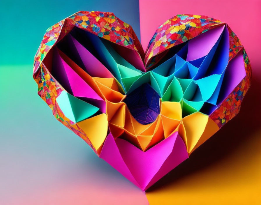 Vibrant origami heart on tri-color backdrop