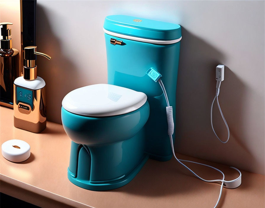 Blue Smart Toilet with Digital Clock, Charging Cable, and Bathroom Accessories