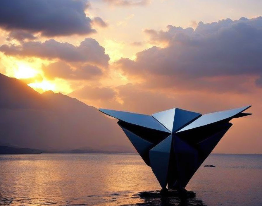 Origami-like ship sculpture on tranquil lake with mountain sunset