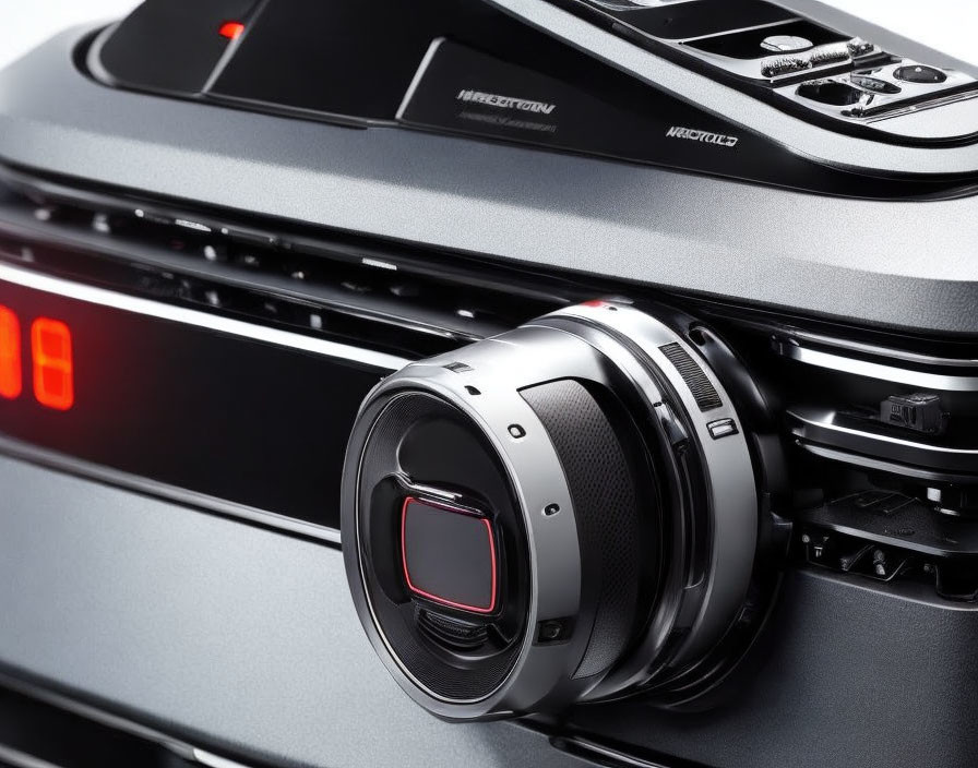 Modern car audio system interface with tactile buttons, volume dial, and digital time display