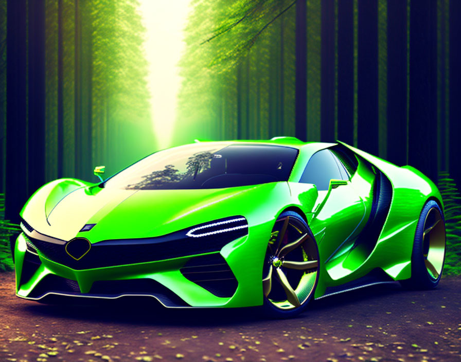 Bright Green Sports Car Parked in Forest with Light Streaming Through Trees