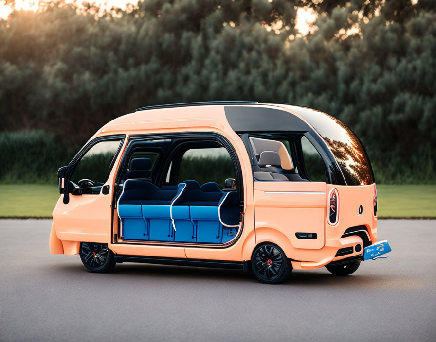 Peach-Colored Electric Minibus with Curved Roof Window and Blue Seats