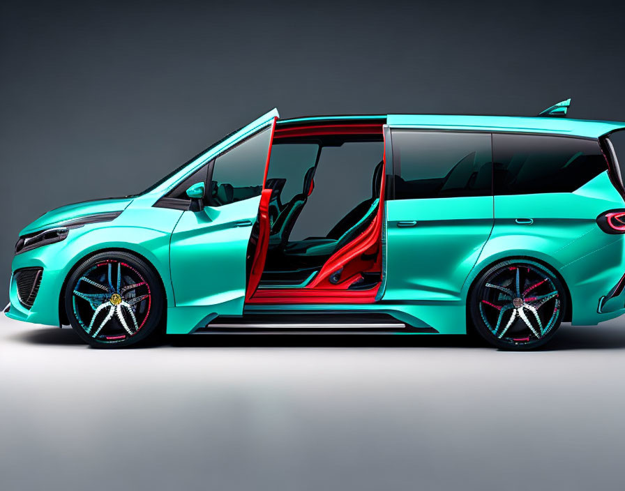 Futuristic Turquoise Minivan with Gullwing and Sliding Doors