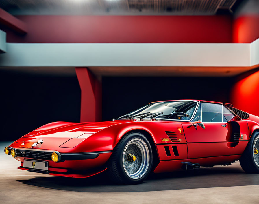 Red Sports Car with Pop-Up Headlights and Racing Number in Modern Garage