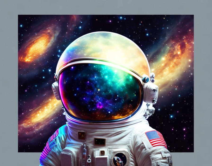 Astronaut with reflective helmet visor in cosmic galaxy backdrop