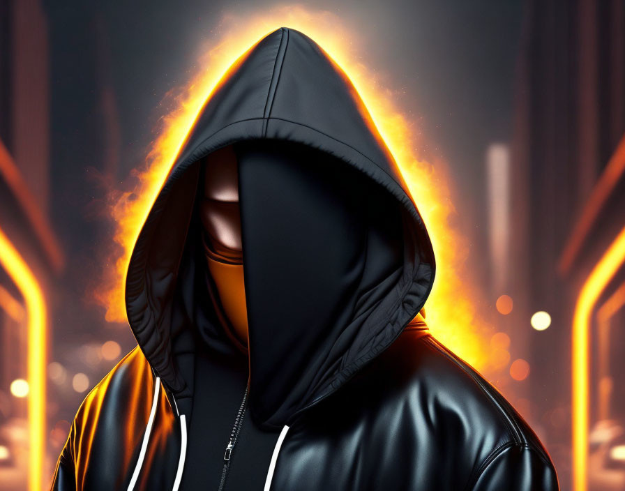 Person in Black Hoodie with Orange Glow Against Streetlight Background