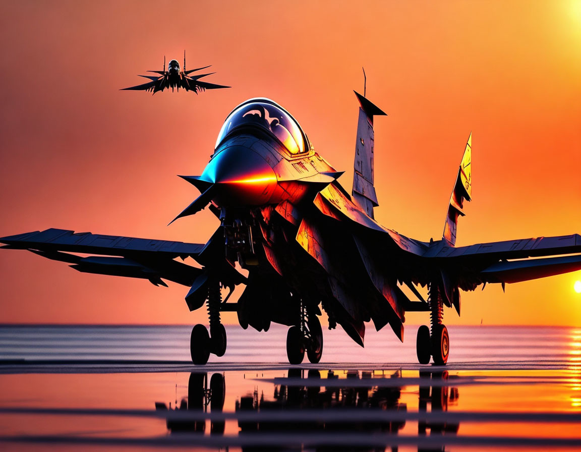 Military fighter jets on reflective surface with one in sky, vibrant sunset backdrop