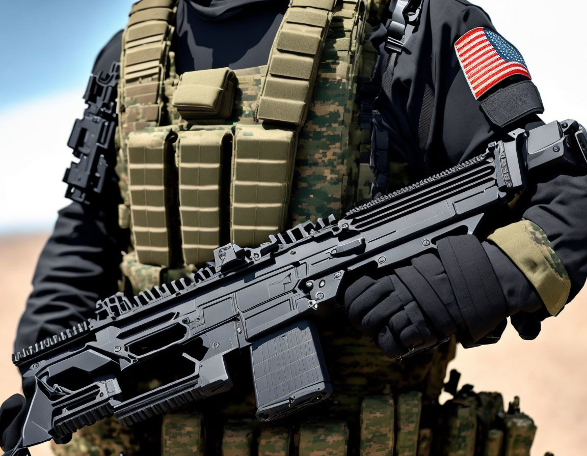 Person in tactical gear with US flag patch holding assault rifle in natural setting