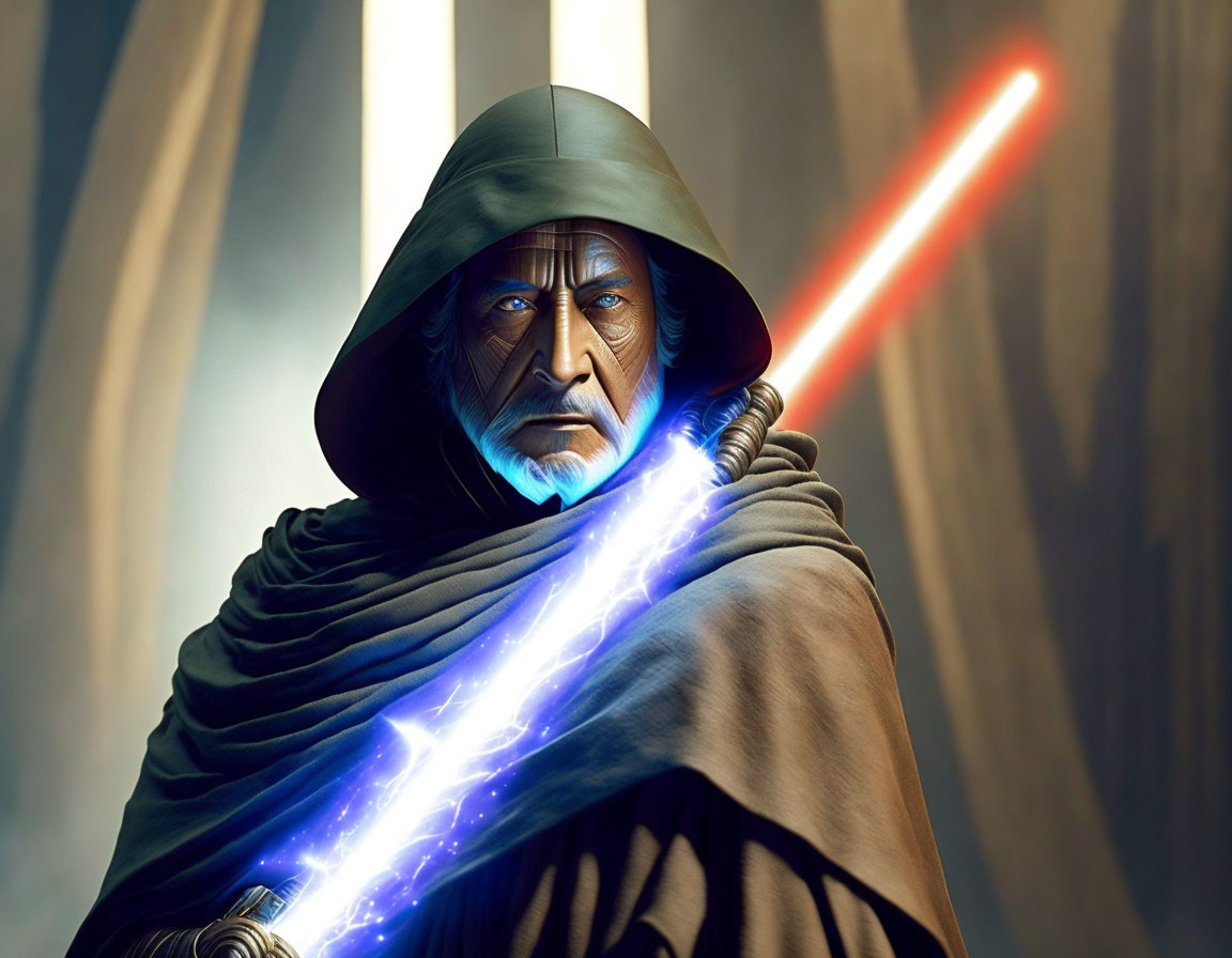 Illustration of figure in hooded cloak with blue and red lightsaber