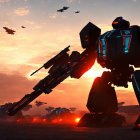 Futuristic war robots with large guns under a sunset sky