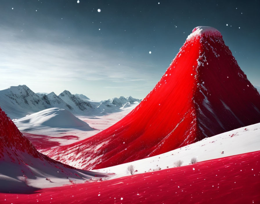 Surreal red snow on mountain peaks under starry sky