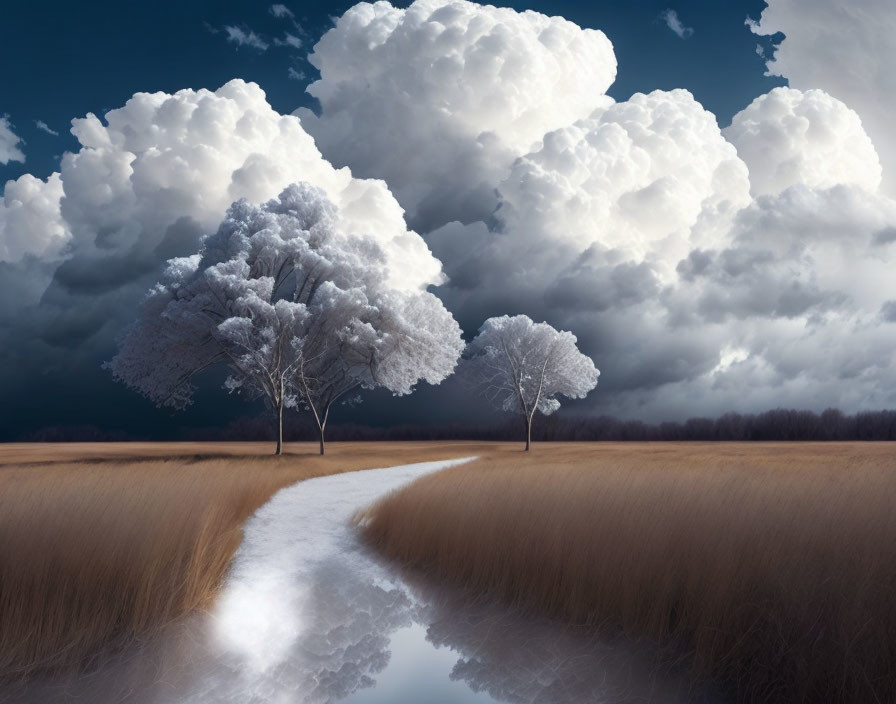 Surreal landscape with white trees, winding path, stream, and dramatic sky