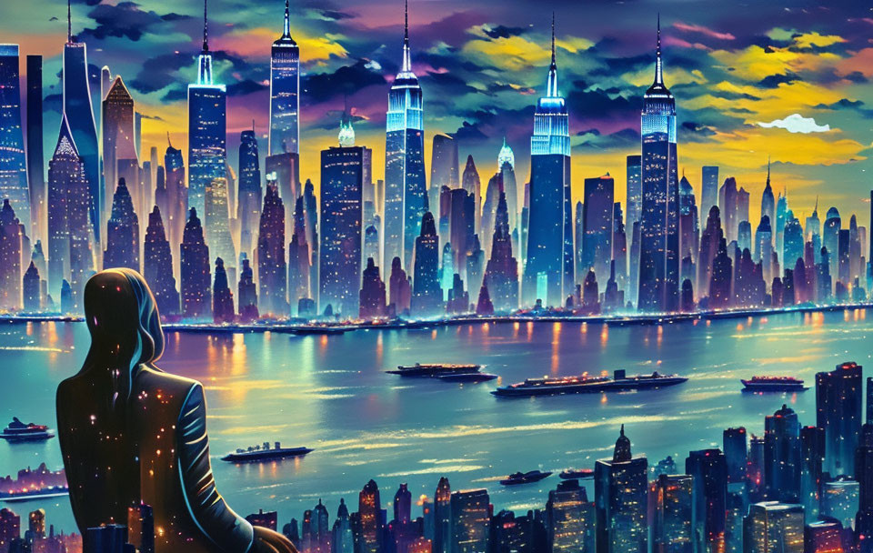 Person admiring futuristic cityscape with skyscrapers and lit buildings by water at dusk