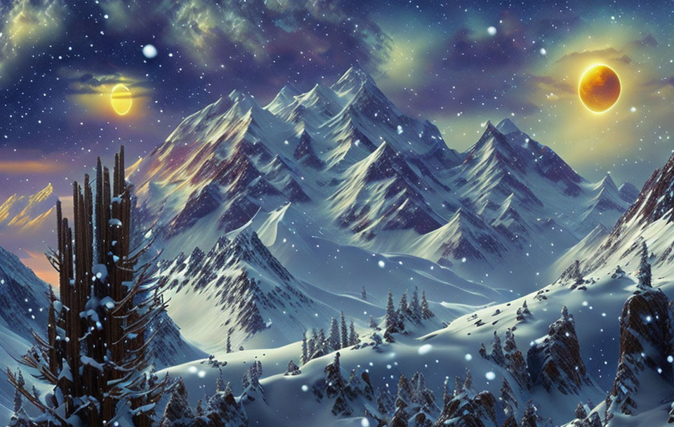 Snowy Mountain Landscape with Starry Night Sky and Celestial Bodies