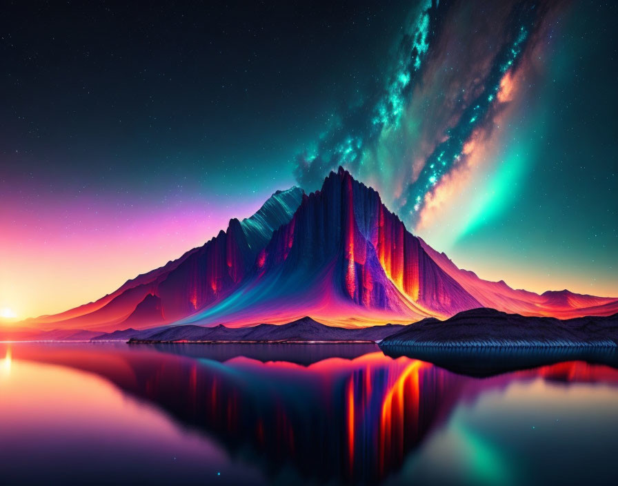 Surreal landscape with mountain, starry sky, northern lights, reflective lake