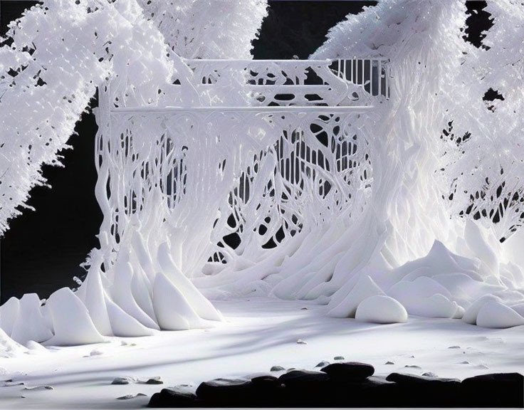 Ethereal white landscape with intricate frost patterns and snow gateways