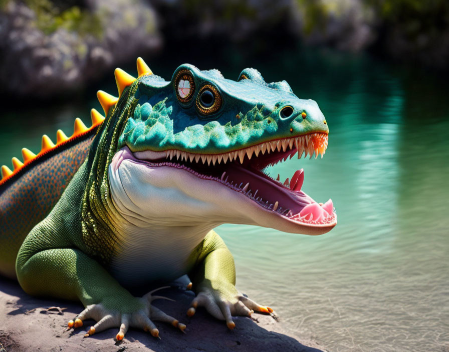 Green reptilian creature with sharp teeth lounging by river in sunlight