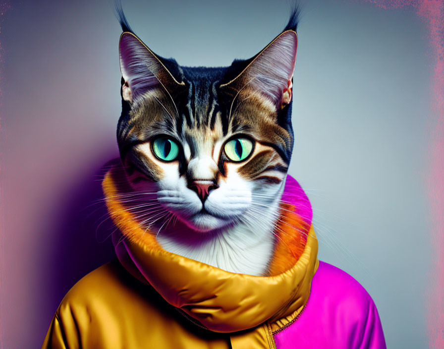 Photo of Cat's Face on Human Body in Colorful Hoodie on Purple Background