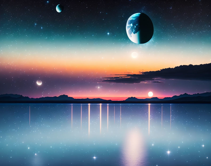 Twilight scene with multiple planets over reflective water