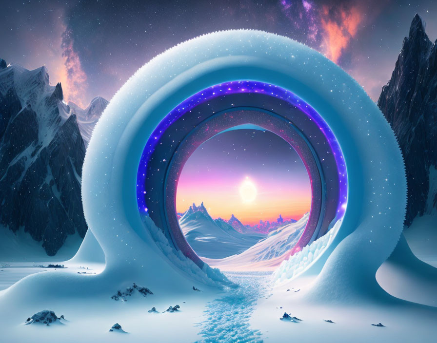 Snowy Mountain Landscape with Galaxy Portal at Sunset