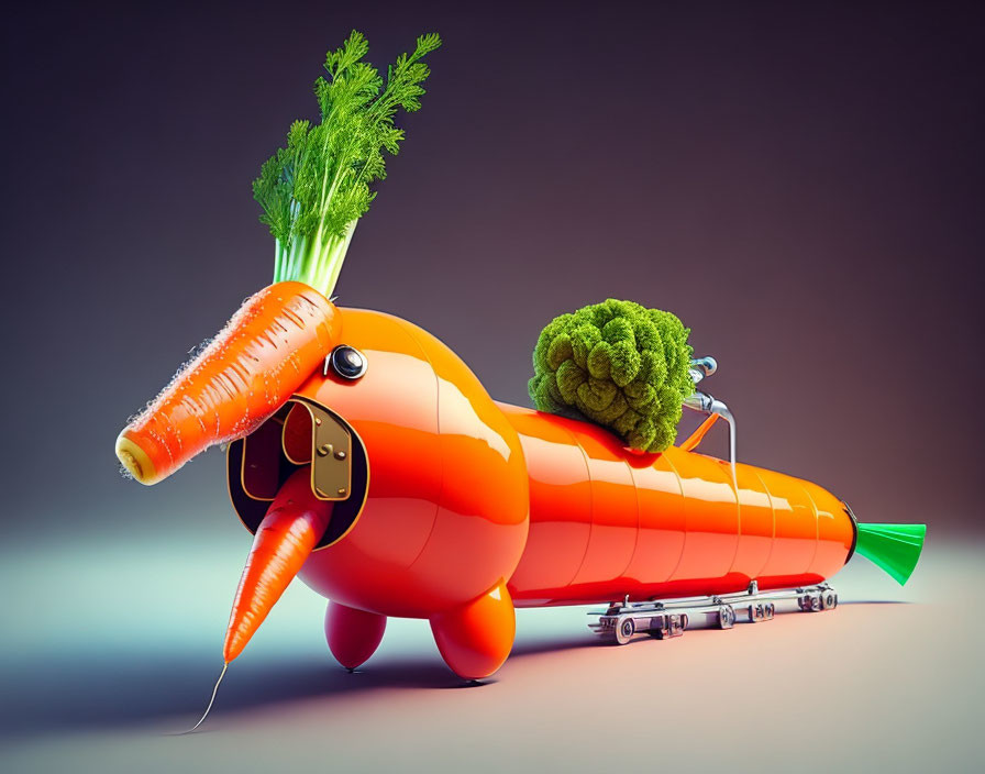 Colorful 3D illustration: Carrot-shaped submarine with periscope and hatch, alongside broccoli