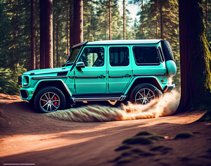 Teal SUV driving on dusty forest trail among tall pine trees