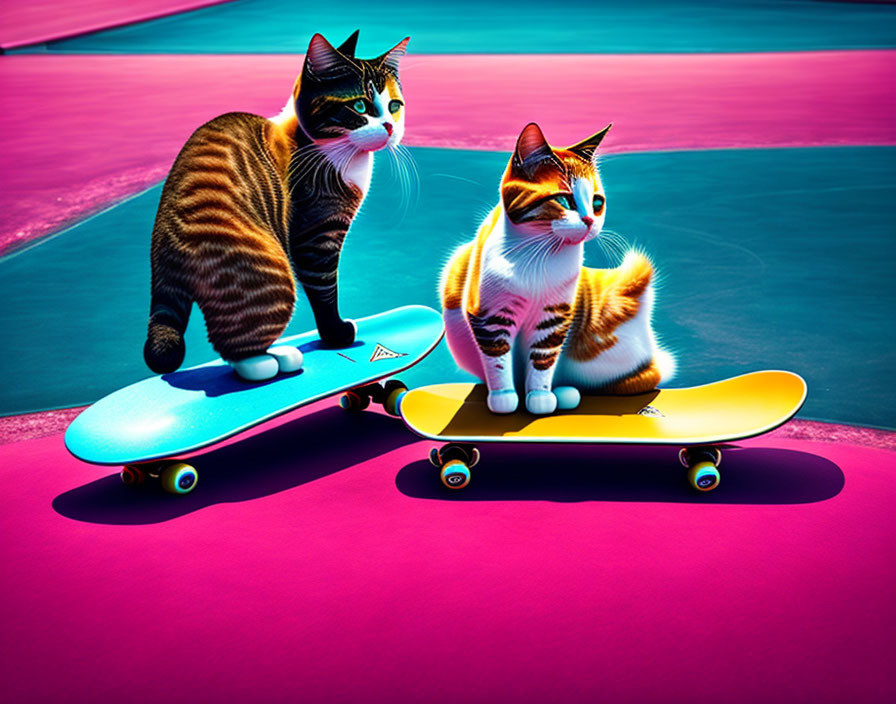 Vibrant Digital Art: Cats on Skateboards with Pink & Blue Background