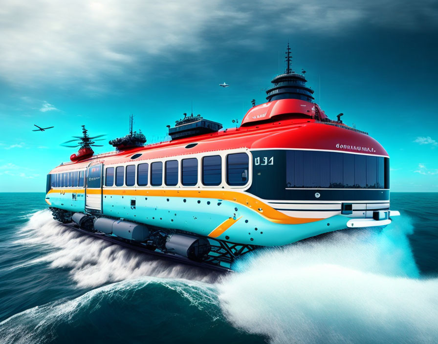 Sleek futuristic high-speed train over water with birds in clear blue sky