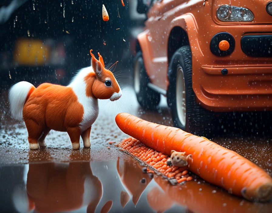 Miniature corgi with giant carrots and orange car in rainy scene