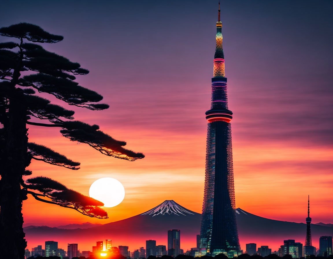 Sunset skyline featuring Mount Fuji, Tokyo Skytree, urban buildings, and tree branches