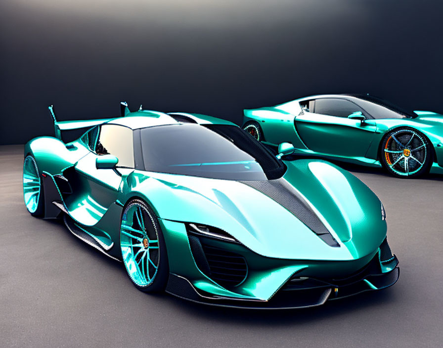 Turquoise and Black Futuristic Sports Cars Displayed in Ambient Lighting