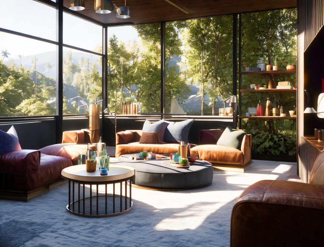 Sunlit living room with mountain views and modern decor