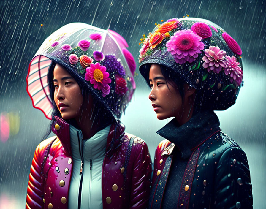 Colorful individuals in floral helmets and raincoats in rain shower.