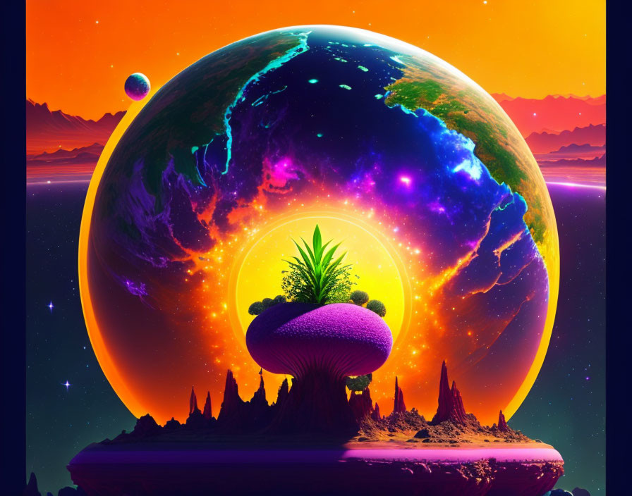 Colorful Digital Art: Floating Island with Purple Tree on Earth-like Planet