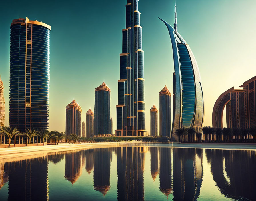 Modern skyscrapers and tall tower by reflective water at sunset