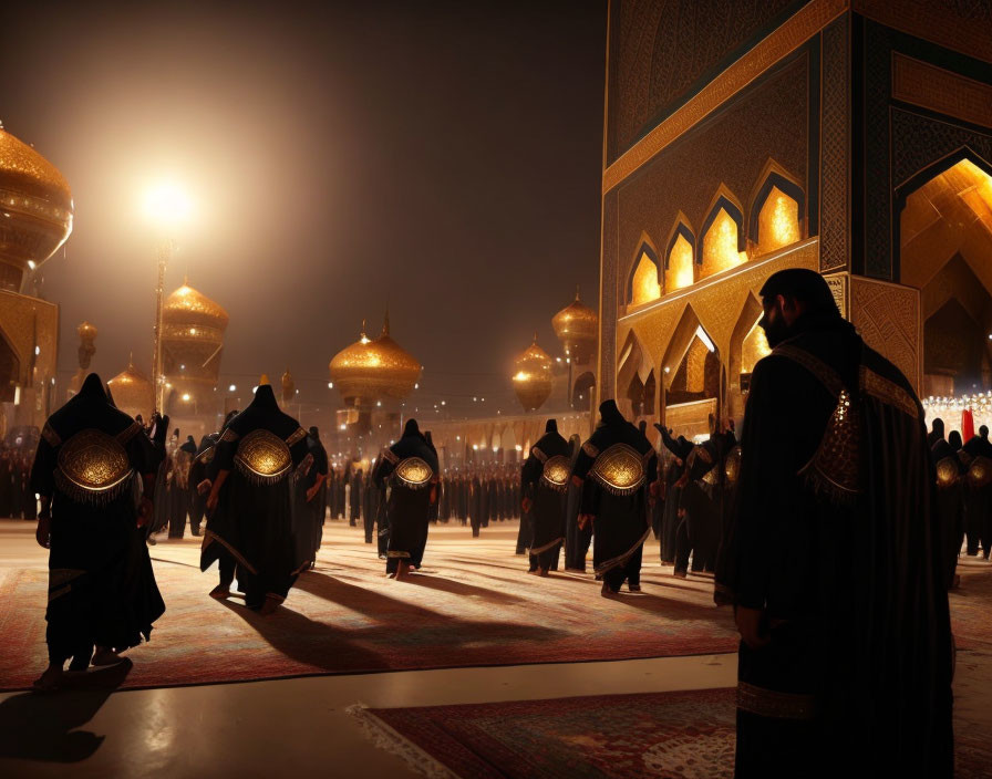 Group of women in black cloaks and man in dark outfit near ornate buildings with golden domes