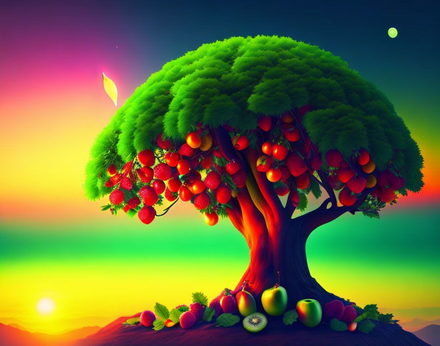 Colorful Sunset Over Fruit-Laden Tree and Scattered Fruits