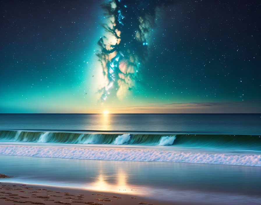 Twilight beach scene with star-filled sky and celestial glow