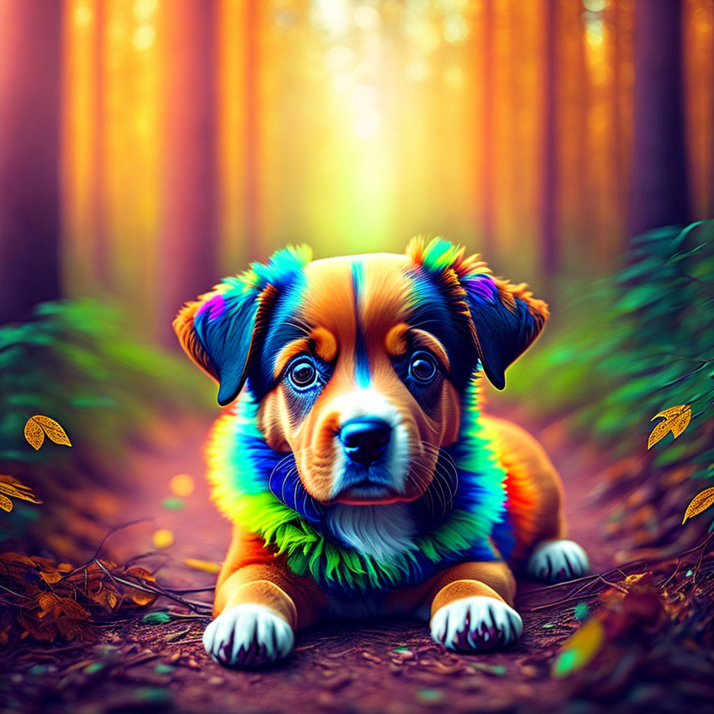 Illustrated rainbow-coated puppy in forest setting