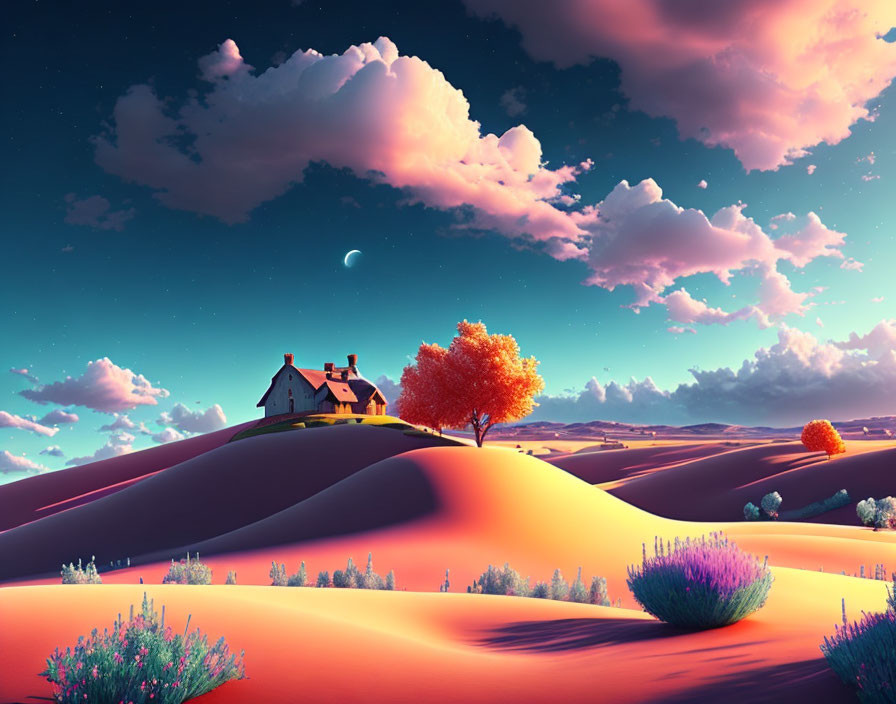 Vividly colored landscape of sand dunes, house, and tree under twilight sky