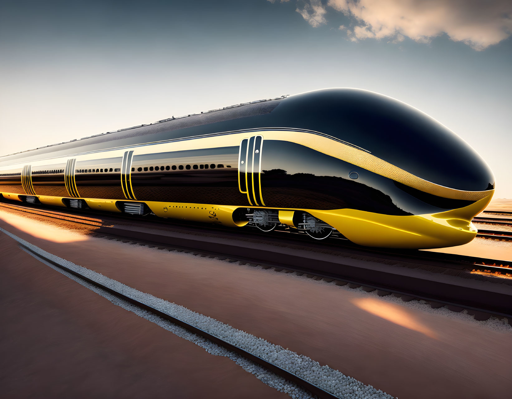 Sleek black and yellow high-speed train on track at sunset