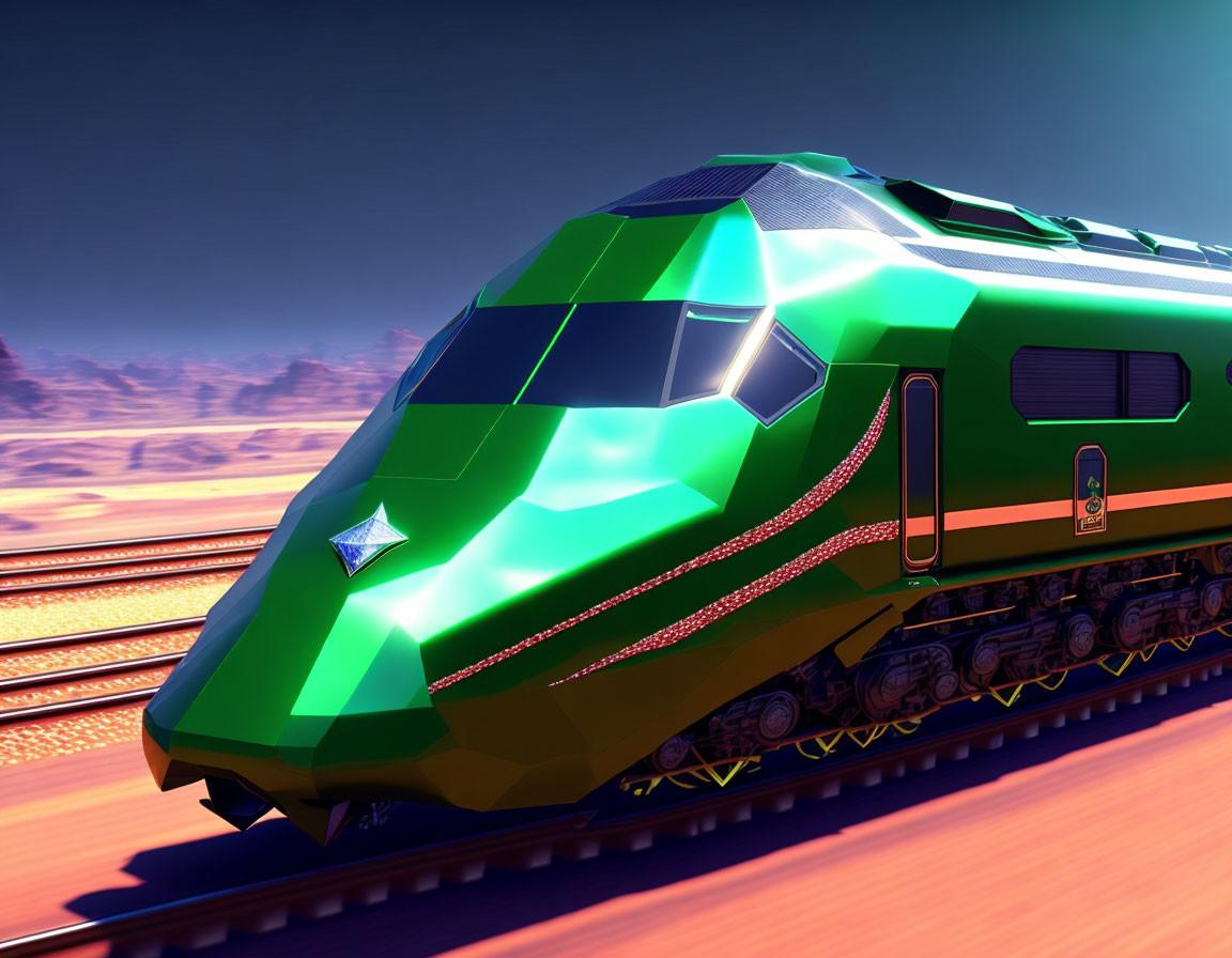 Futuristic green train with geometric design in desert landscape at sunset