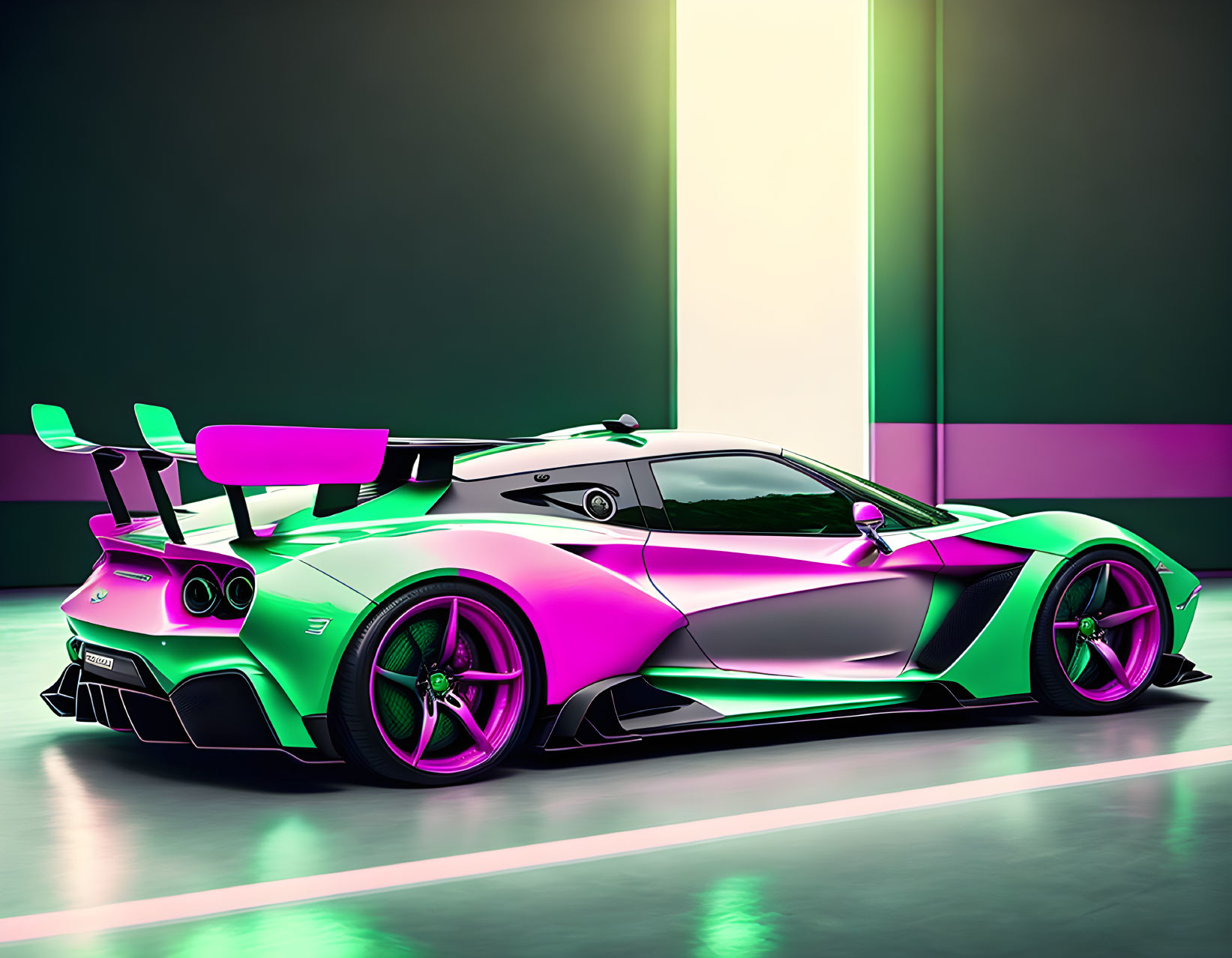 Iridescent Sports Car with Aerodynamic Features in Purple and Green Room