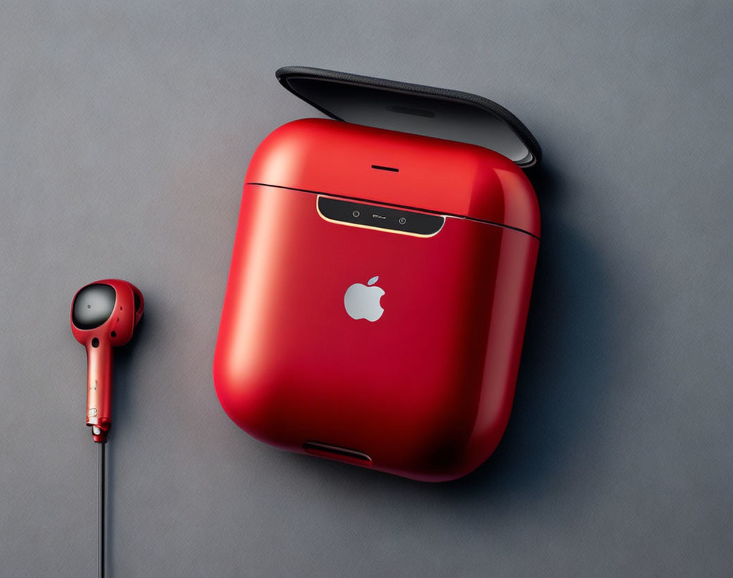 Red Wireless Earbuds Case and Matching Earbud on Gray Background