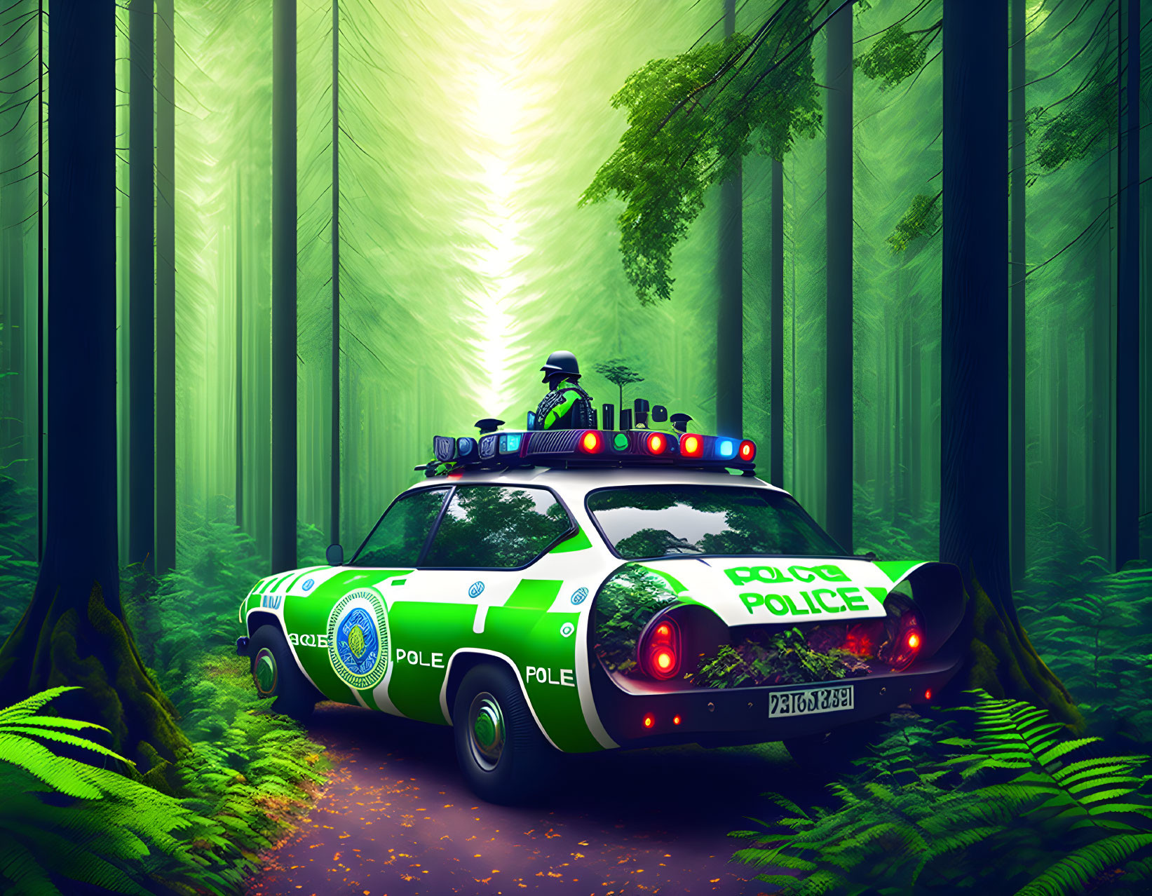 Stylized police car with "POLO POLICE" in green forest