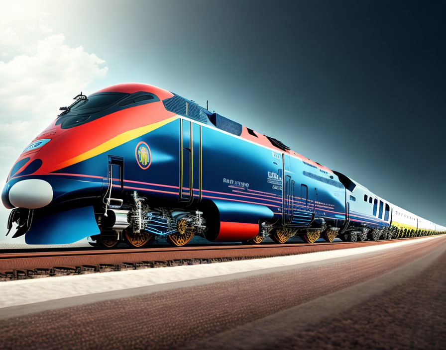 Modern Blue and Orange Train on Tracks Under Cloudy Sky